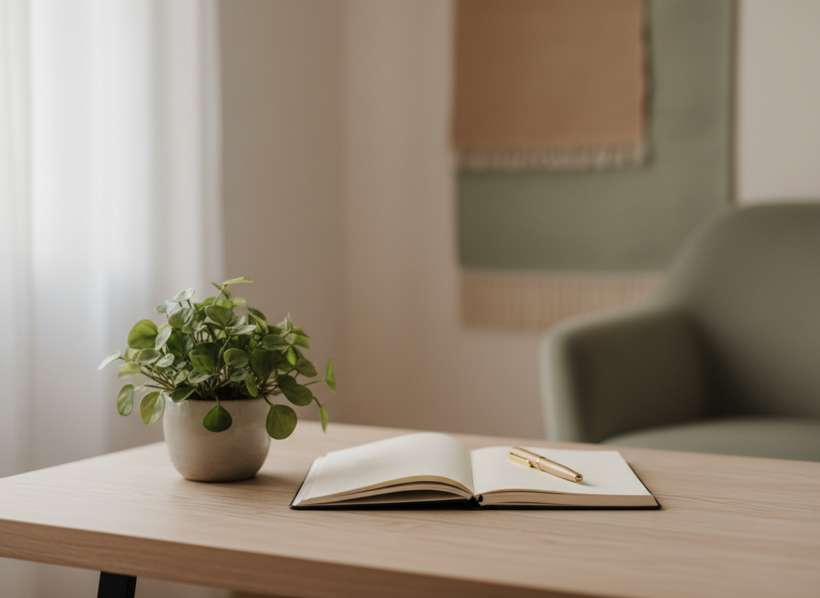 Calm consultation setting with a small green plant on a light wooden table beside a notebook in warm beige and sage tones