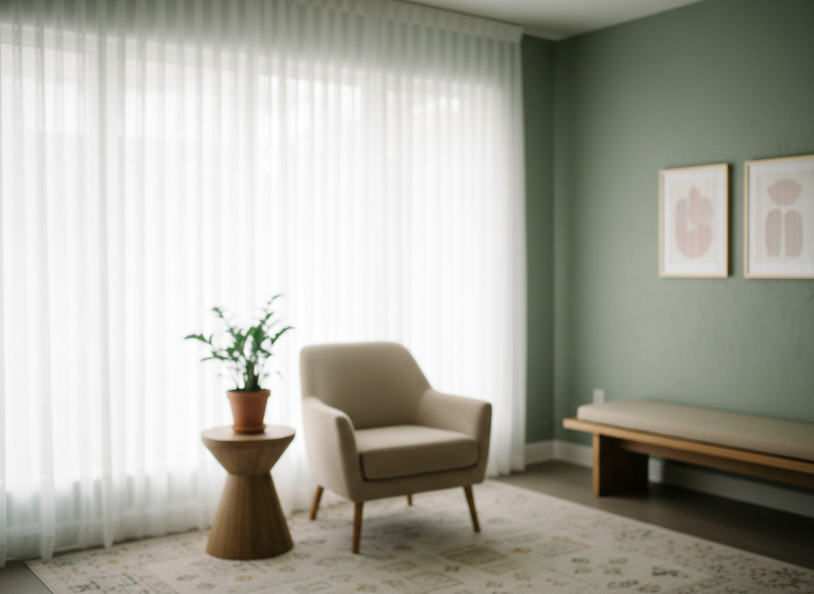 Serene minimalist interior of a calm psychiatric practice waiting area with soft natural light in sage green and warm beige tones